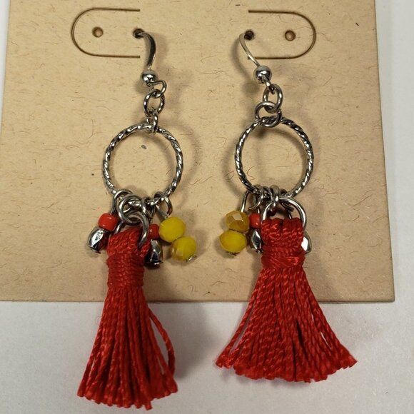 Silver tone Hoop Red Tassel Beaded  Drop Dangle Earrings - Picture 1 of 6